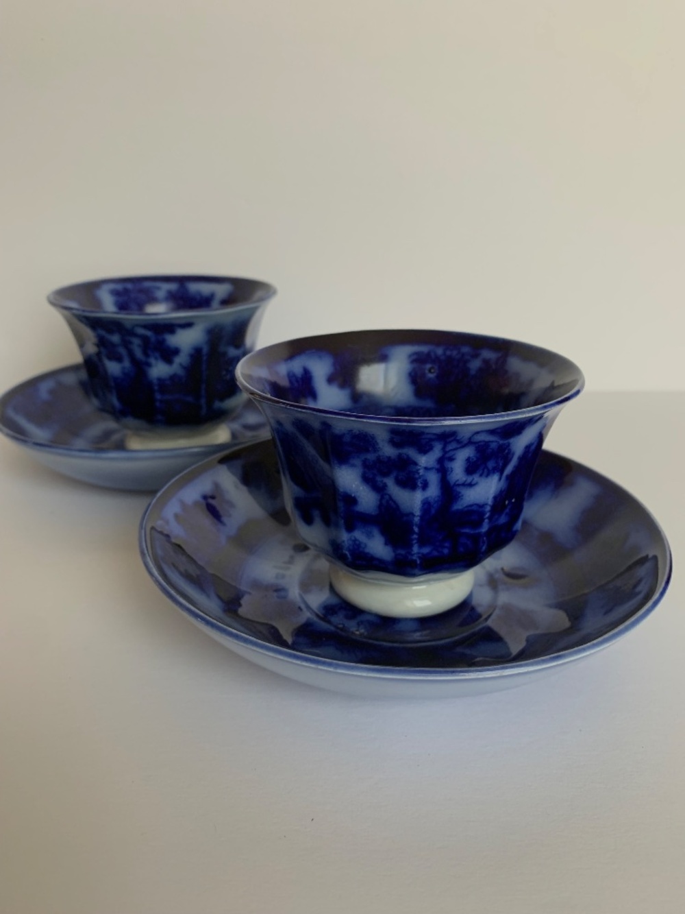 Antique Wedgwood Chapoo Flow Blue Cup & Saucer Set Pair Victorian Blue White
